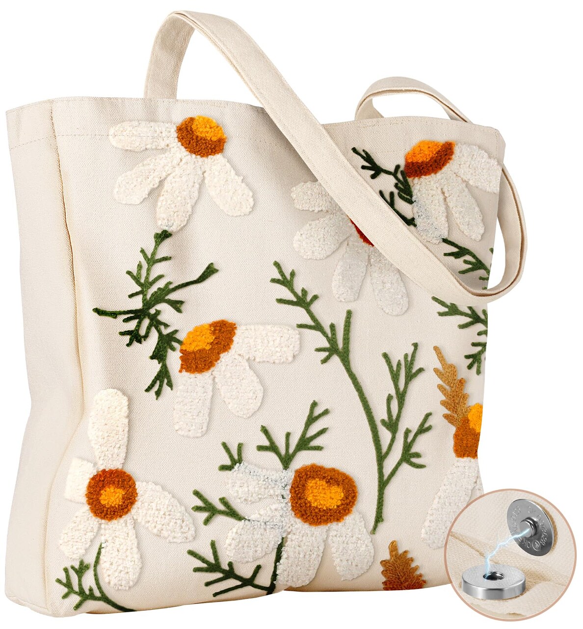 Aesthetic Embroidery Tote Bag for Women - Reusable Canvas Cloth Shoulder Bag with Cute 3d Full Daisy Embroidered Designer Shopping Bag for Grocery, Work, Book, Vacation